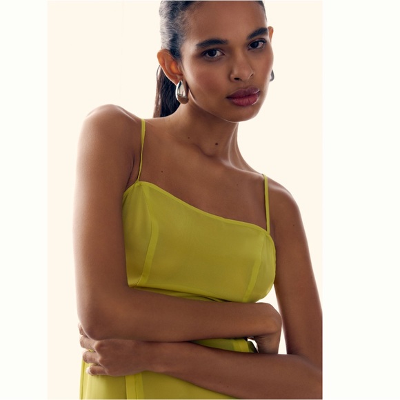 ANTHROPOLOGIE Super Cute Chartreuse NWT 
SHEER PANELED MIDI DRESS - Picture 5 of 8